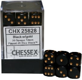 CHX25828 Opaque Black with Gold pips Block of 36 6-sided 12mm Dice image 0